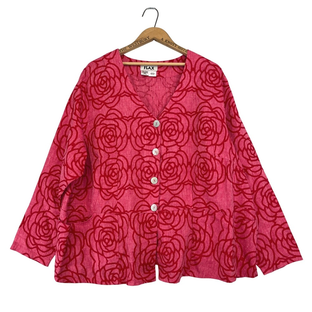 FLAX Womens 100% Linen Rose Floral Button Front Jacket Pink Red Size 3G Generous